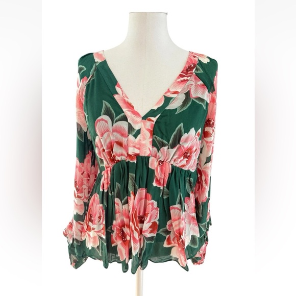 Anthropologie Farm Rio Rayna Blouse Sz Small Puff Sleeve Tropical Floral - Picture 2 of 8